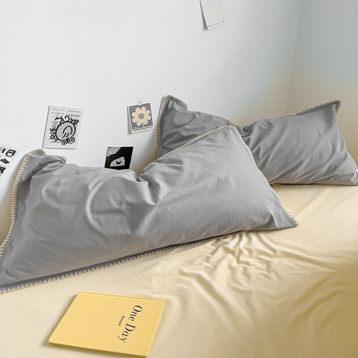 91家纺网 家纺一手货源 找家纺 眠帛 2024新款水洗棉贝壳边四件套 浅灰-奶黄