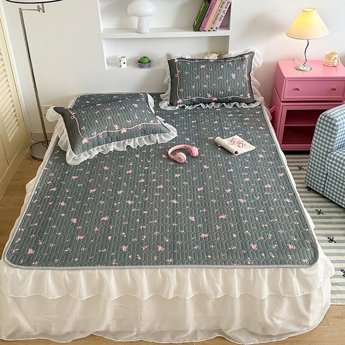 91家纺网 家纺一手货源 找家纺 （总）昔可 新款床裙款乳胶凉席双层雪纺纱乳胶凉席三件套