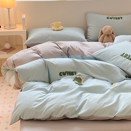 眠帛 2024新款亲肤棉卡通毛巾绣四件套 恐龙-繁星蓝灰