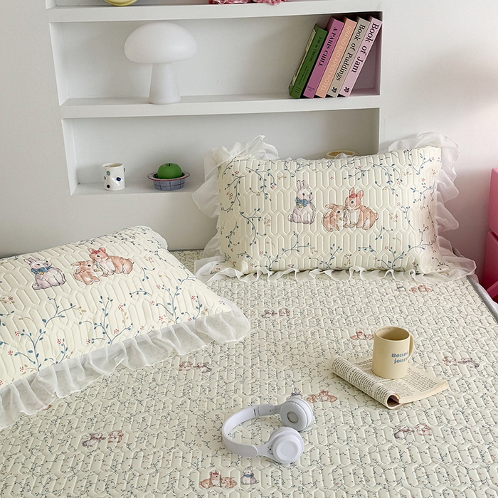 91家纺网 家纺一手货源 找家纺 昔可 新款床裙款乳胶凉席双层雪纺纱乳胶凉席三件套 花枝兔