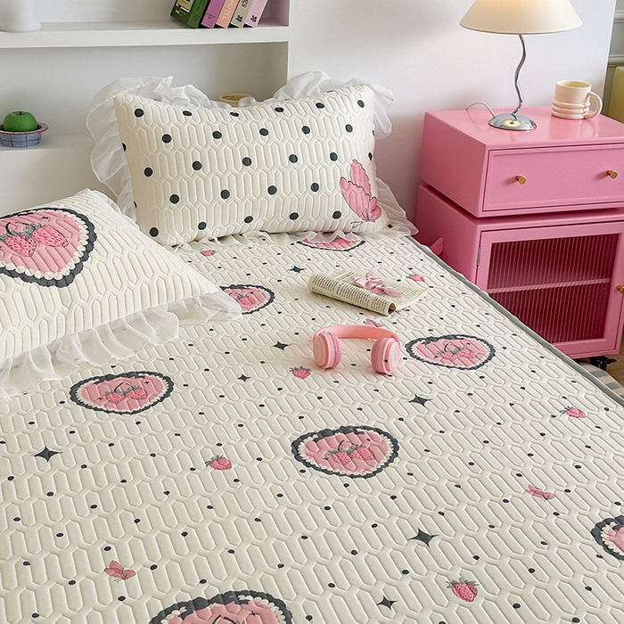 91家纺网 家纺一手货源 找家纺 昔可 新款床裙款乳胶凉席双层雪纺纱乳胶凉席三件套 洛丽塔蝴蝶