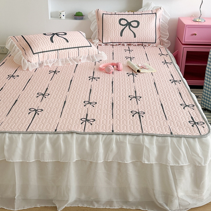 91家纺网 家纺一手货源 找家纺 昔可 新款床裙款乳胶凉席双层雪纺纱乳胶凉席三件套 芭蕾风蝴蝶结