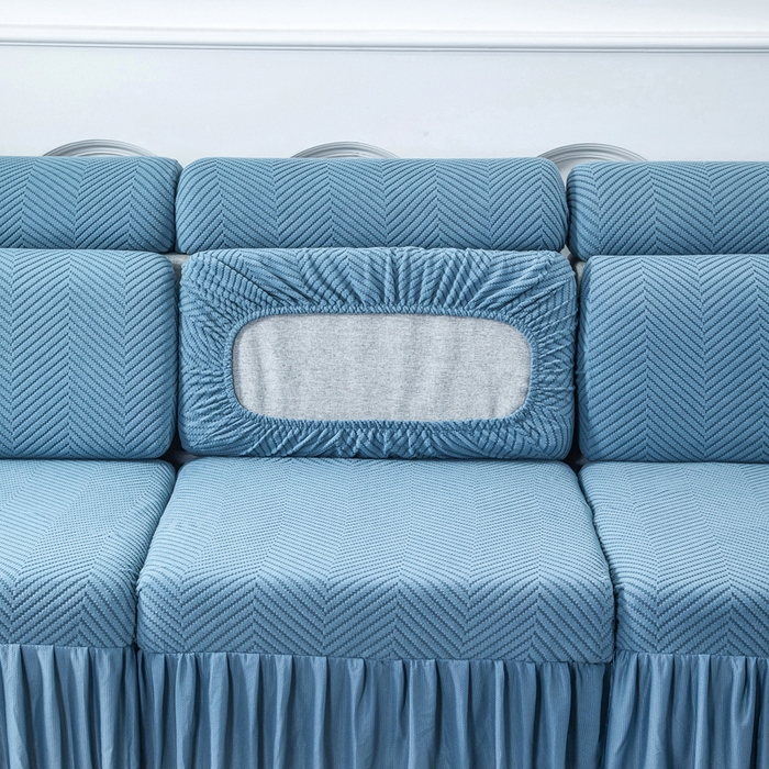 91家纺网 家纺一手货源 找家纺 千彤 2024新款裙边款弹力沙发套罩拉花绒人字纹系列沙发笠 水蓝