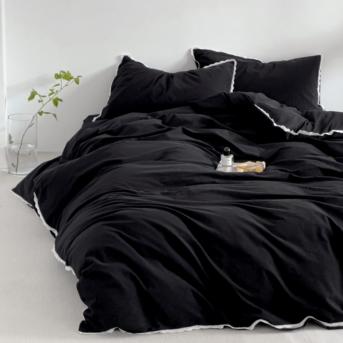 91家纺网 家纺一手货源 找家纺 梦家居 2024新款全棉色织水洗棉禁欲黑色系四件套 黑色—花边款