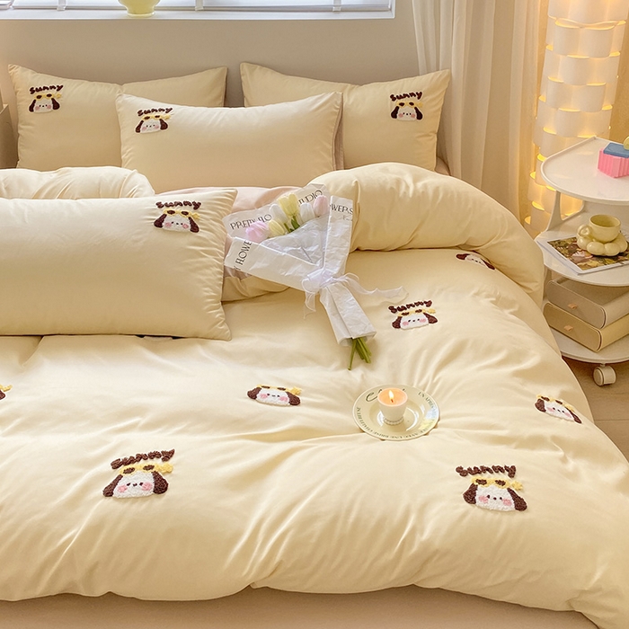 91家纺网 家纺一手货源 找家纺 眠帛 2024新款亲肤棉卡通毛巾绣四件套 帕恰-奶黄奶茶