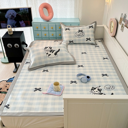 昔可家纺 2024新款A类900D大版冰丝席 蝴蝶结猫咪蓝