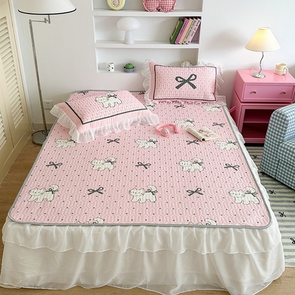 91家纺网 家纺一手货源 找家纺 昔可 新款床裙款乳胶凉席双层雪纺纱乳胶凉席三件套 波点丝带小猫咪