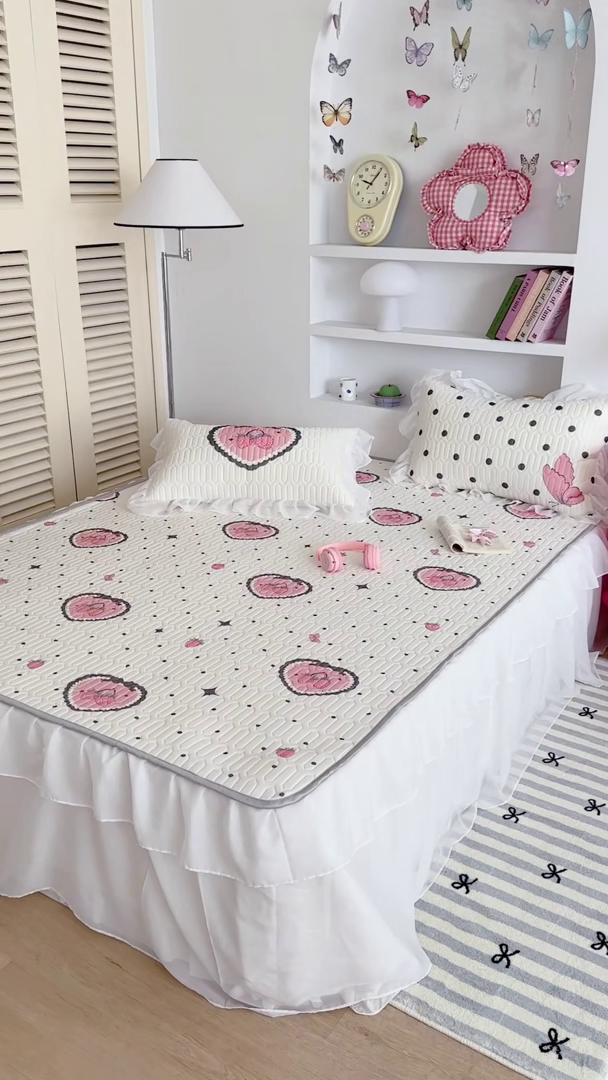 91家纺网 家纺一手货源 找家纺 昔可 新款床裙款乳胶凉席双层雪纺纱乳胶凉席三件套 洛丽塔蝴蝶