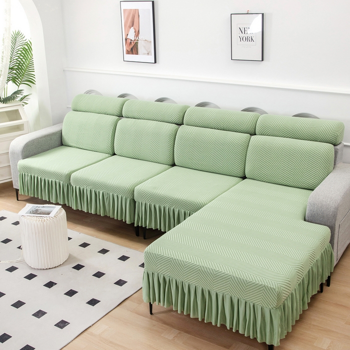 91家纺网 家纺一手货源 找家纺 千彤 2024新款裙边款弹力沙发套罩拉花绒人字纹系列沙发笠 浅绿