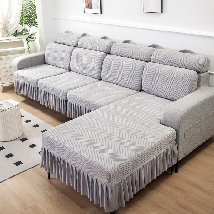 91家纺网 家纺一手货源 找家纺 千彤 2024新款裙边款弹力沙发套罩拉花绒人字纹系列沙发笠 银灰