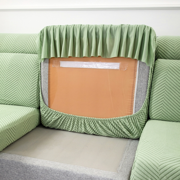 91家纺网 家纺一手货源 找家纺 千彤 2024新款裙边款弹力沙发套罩拉花绒人字纹系列沙发笠 浅绿