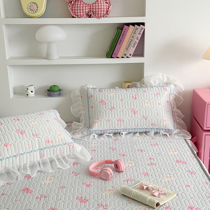 91家纺网 家纺一手货源 找家纺 昔可 新款床裙款乳胶凉席双层雪纺纱乳胶凉席三件套 玫瑰小猫咪