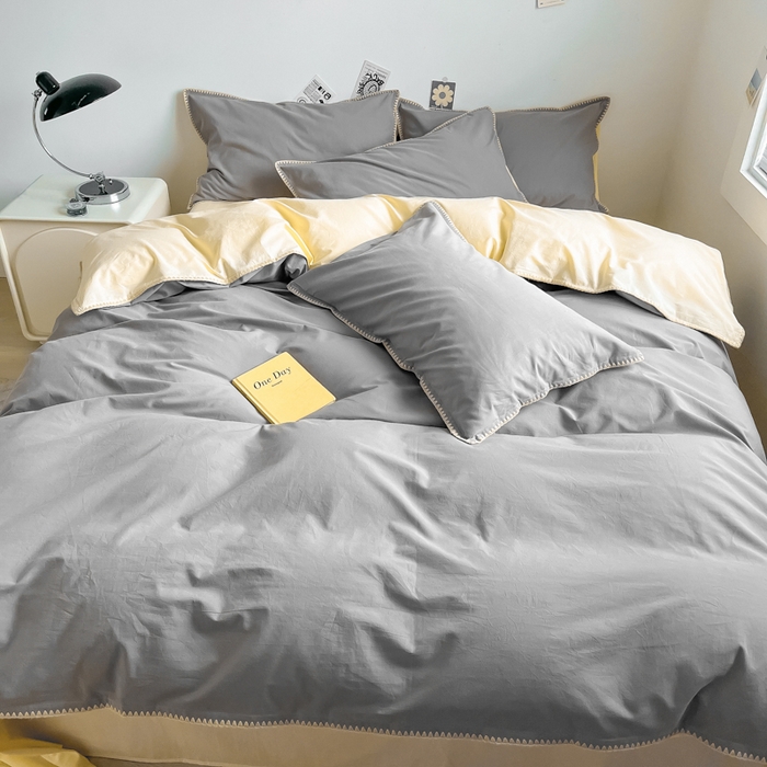 91家纺网 家纺一手货源 找家纺 眠帛 2024新款水洗棉贝壳边四件套 浅灰-奶黄