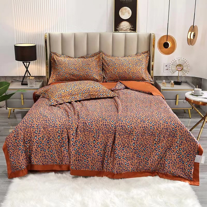 91家纺网 家纺一手货源 找家纺 丽卡家纺 2024新款水洗真丝夏被四件套 豹纹橘