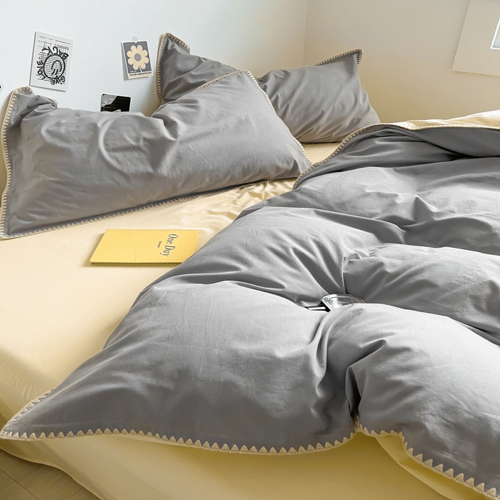 91家纺网 家纺一手货源 找家纺 眠帛 2024新款水洗棉贝壳边四件套 浅灰-奶黄