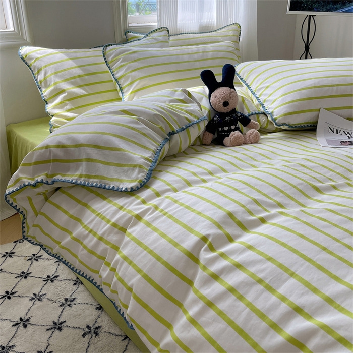 91家纺网 家纺一手货源 找家纺 857家居 2024新款贝壳边四件套 条纹-青草绿
