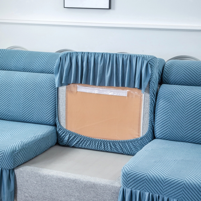 91家纺网 家纺一手货源 找家纺 千彤 2024新款裙边款弹力沙发套罩拉花绒人字纹系列沙发笠 水蓝