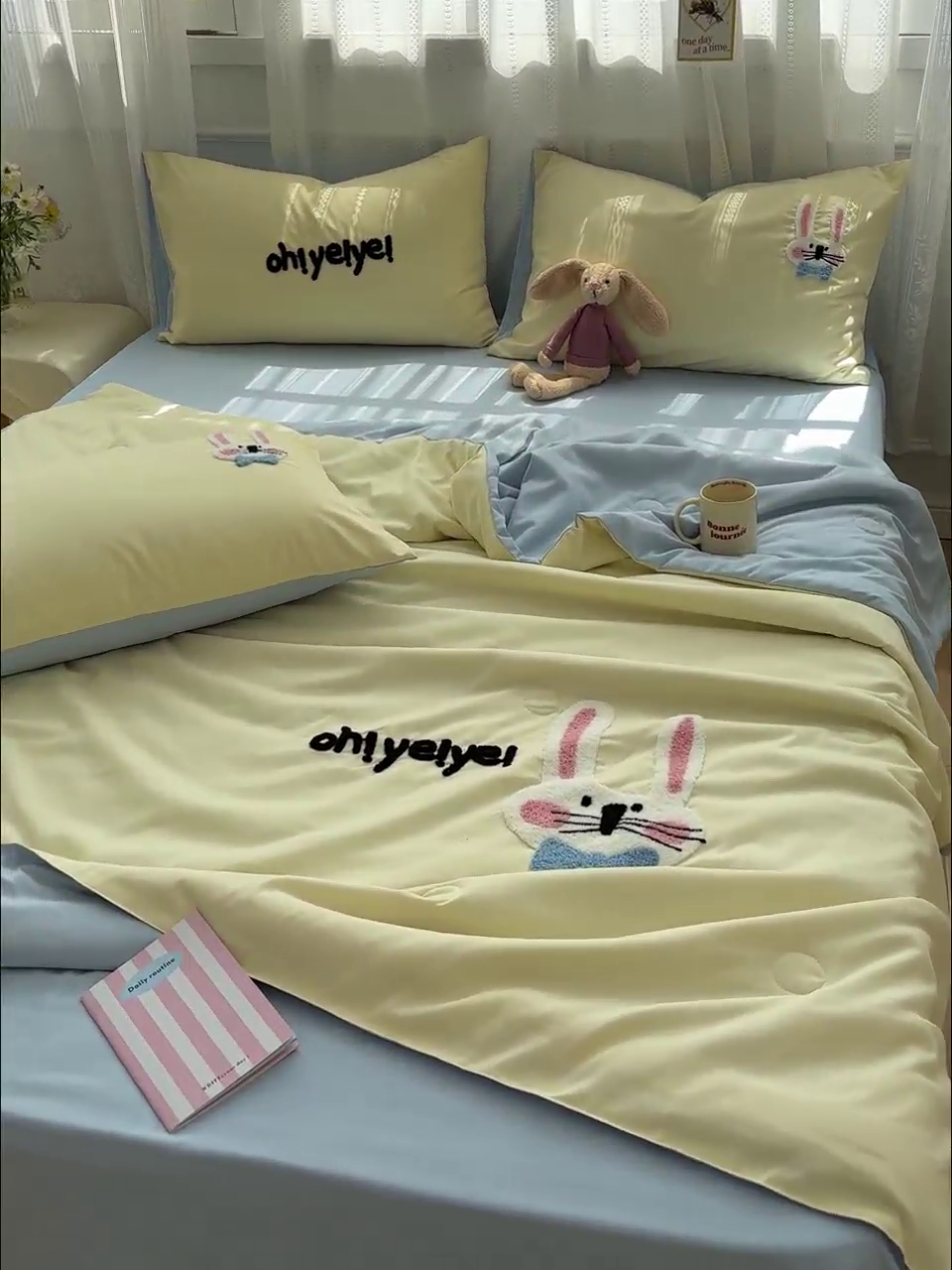 91家纺网 家纺一手货源 找家纺 曼谷家纺 软糯糯水洗棉夏凉被四件套单夏被被子 长耳兔-芝士蓝