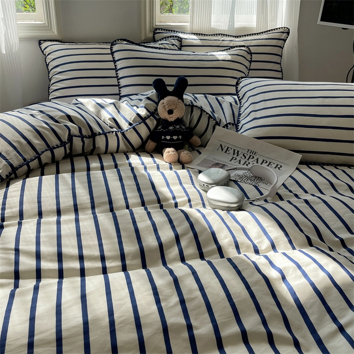 91家纺网 家纺一手货源 找家纺 857家居 2024新款贝壳边四件套 条纹-波点蓝