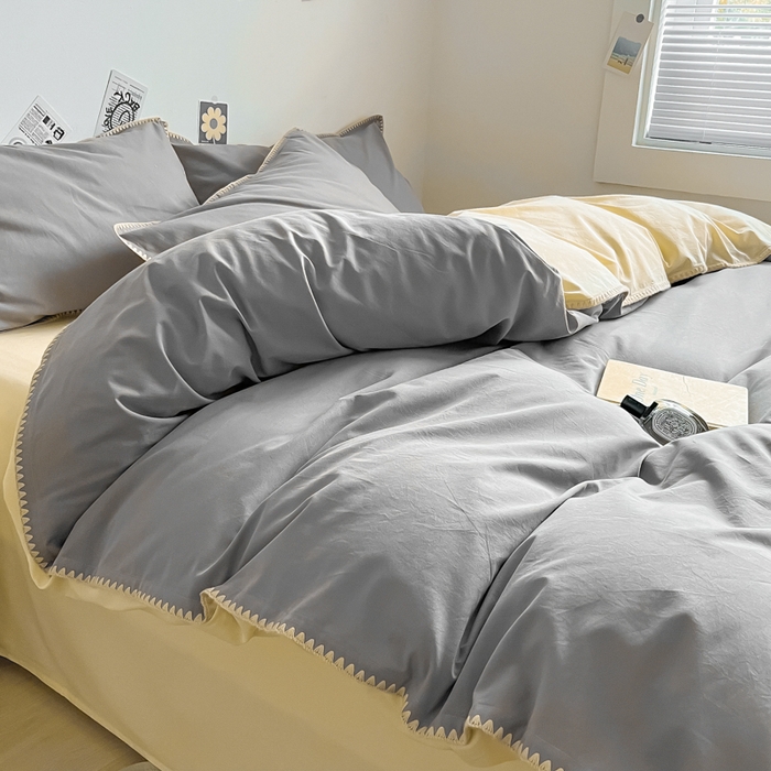 91家纺网 家纺一手货源 找家纺 眠帛 2024新款水洗棉贝壳边四件套 浅灰-奶黄