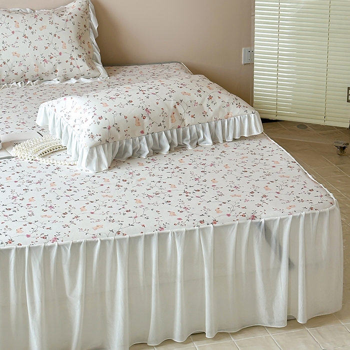 91家纺网 家纺一手货源 找家纺 昔可 2024新款A类900D仙仙雪纺纱床裙款冰丝席三件套 花园萌兔