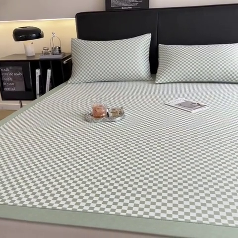 91家纺网 家纺一手货源 找家纺 慕尚家纺 2025新款1200D提花凉感席 提花席 棋盘格绿