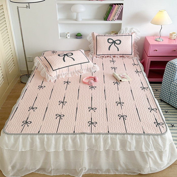 91家纺网 家纺一手货源 找家纺 昔可 新款床裙款乳胶凉席双层雪纺纱乳胶凉席三件套 芭蕾风蝴蝶结