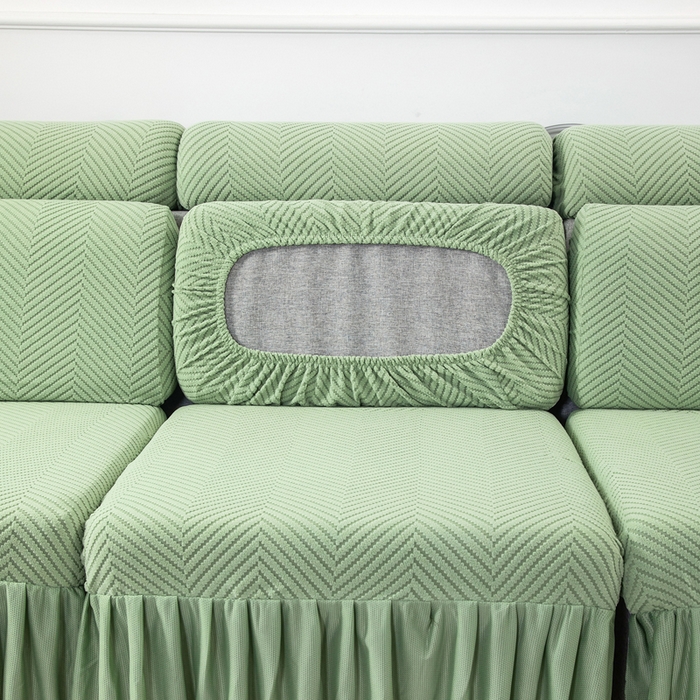 91家纺网 家纺一手货源 找家纺 千彤 2024新款裙边款弹力沙发套罩拉花绒人字纹系列沙发笠 浅绿