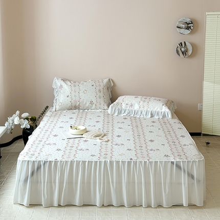 91家纺网 家纺一手货源 找家纺 昔可 2024新款A类900D仙仙雪纺纱床裙款冰丝席三件套 花朵小兔