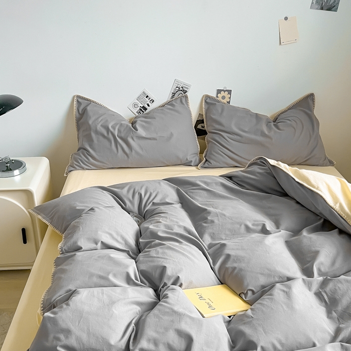 91家纺网 家纺一手货源 找家纺 眠帛 2024新款水洗棉贝壳边四件套 浅灰-奶黄