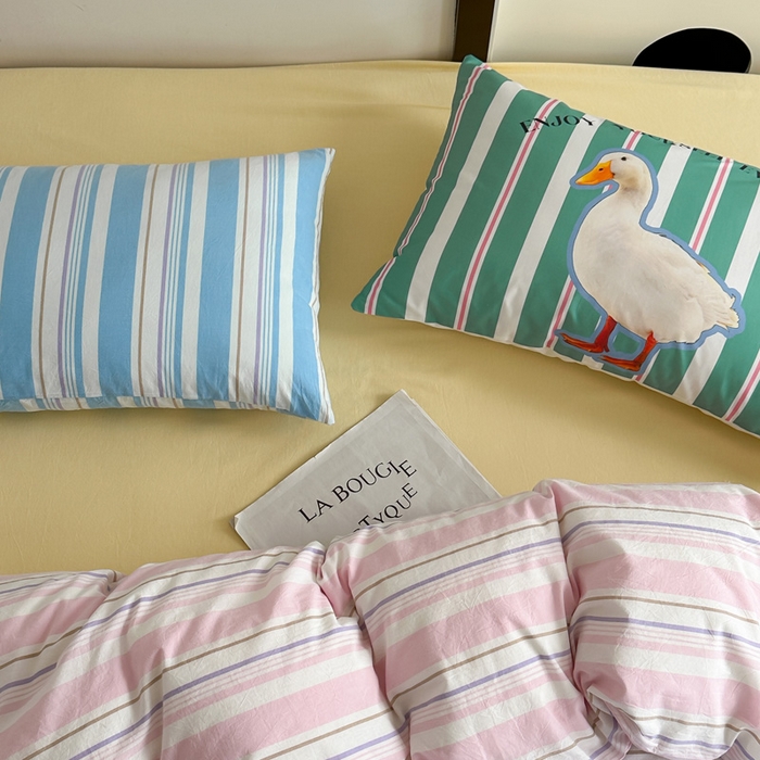 91家纺网 家纺一手货源 找家纺 艾沁 2024新款多巴胺条纹全棉色织水洗棉四件套 宽粉条