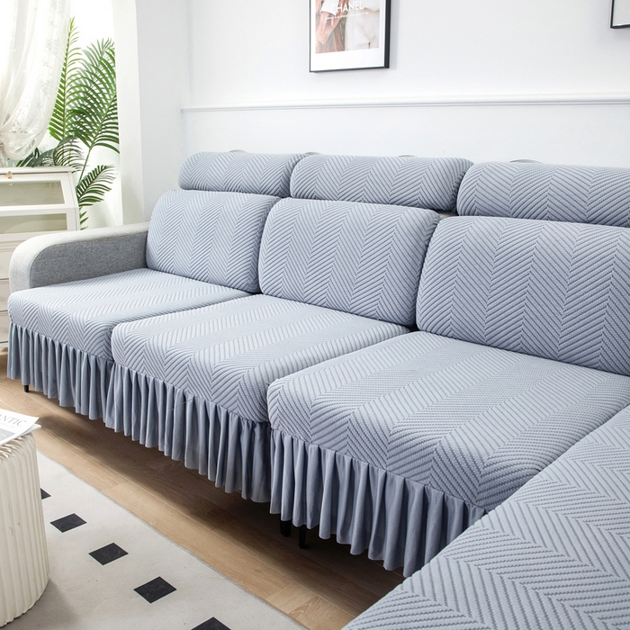 91家纺网 家纺一手货源 找家纺 （总）千彤 2024新款裙边款弹力沙发套罩拉花绒人字纹系列沙发笠