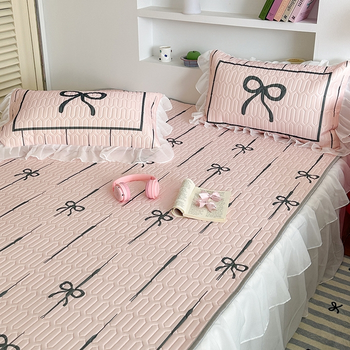 91家纺网 家纺一手货源 找家纺 昔可 新款床裙款乳胶凉席双层雪纺纱乳胶凉席三件套 芭蕾风蝴蝶结