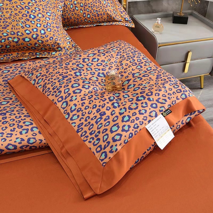 91家纺网 家纺一手货源 找家纺 丽卡家纺 2024新款水洗真丝夏被四件套 豹纹橘