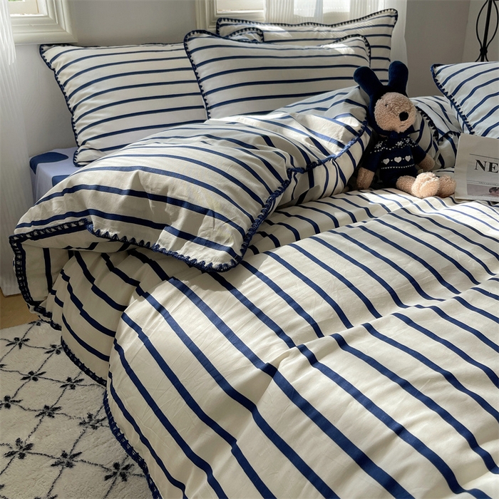 91家纺网 家纺一手货源 找家纺 857家居 2024新款贝壳边四件套 条纹-波点蓝