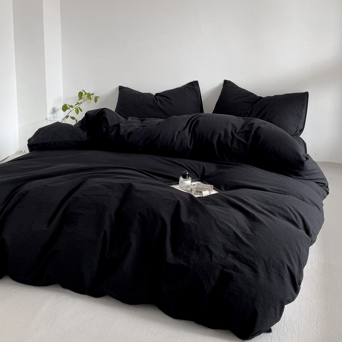 91家纺网 家纺一手货源 找家纺 梦家居 2024新款全棉色织水洗棉禁欲黑色系四件套 黑色—基础款