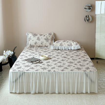 昔可 2024新款A类900D仙仙雪纺纱床裙款冰丝席三件套 素描玫瑰