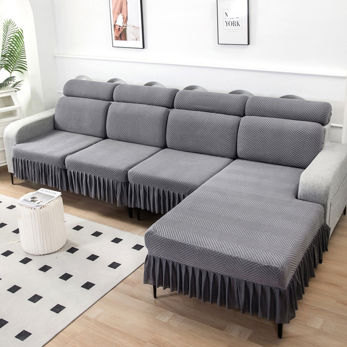 91家纺网 家纺一手货源 找家纺 千彤 2024新款裙边款弹力沙发套罩拉花绒人字纹系列沙发笠 深灰