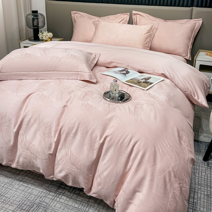 91家纺网 家纺一手货源 找家纺 2025新款天丝天丝棉提花单被套 羽翼 梅子粉