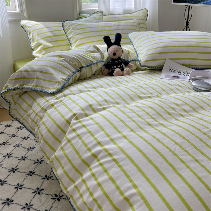 91家纺网 家纺一手货源 找家纺 857家居 2024新款贝壳边四件套 条纹-青草绿