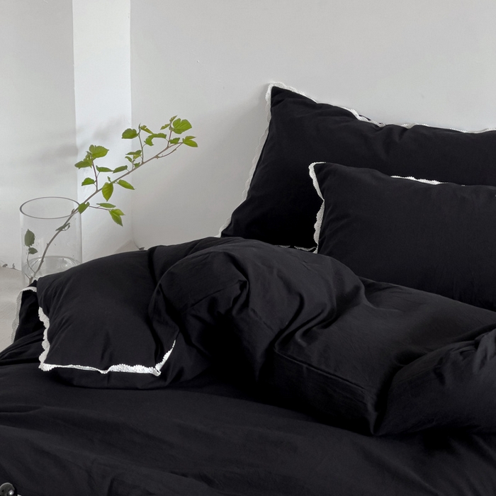 91家纺网 家纺一手货源 找家纺 梦家居 2024新款全棉色织水洗棉禁欲黑色系四件套 黑色—花边款