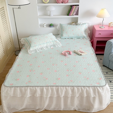 昔可 新款床裙款乳胶凉席双层雪纺纱乳胶凉席三件套 少女玫瑰