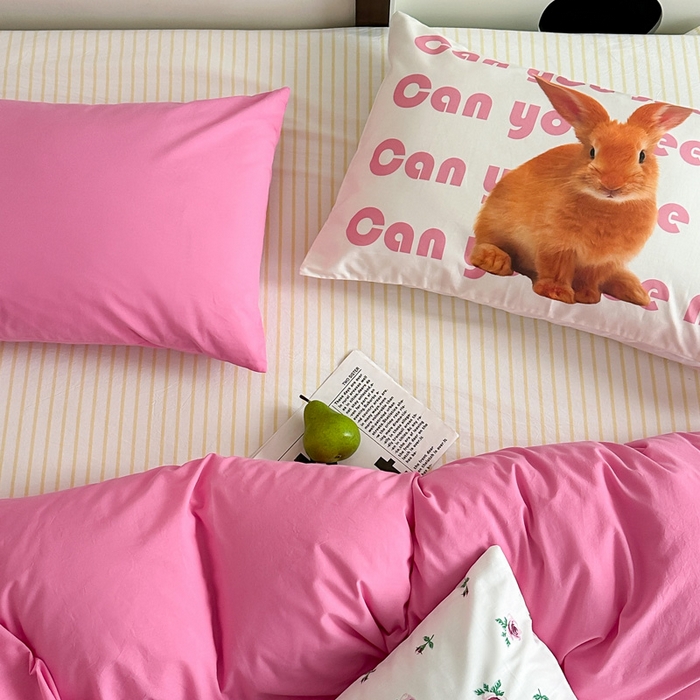 91家纺网 家纺一手货源 找家纺 艾沁 2024新款小清新全棉水洗棉四件套 粉黛佳人（枕套兔+粉）