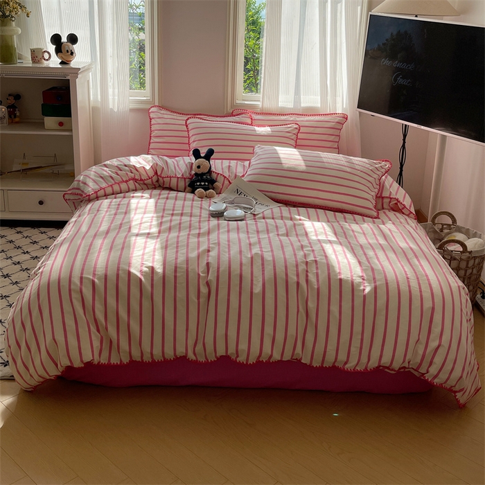 91家纺网 家纺一手货源 找家纺 857家居 2024新款贝壳边四件套 条纹-玫瑰红