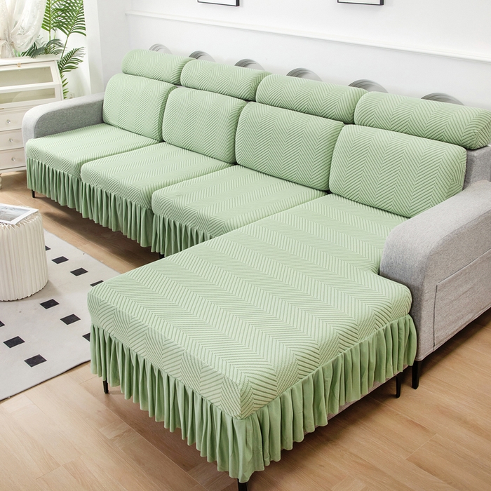 91家纺网 家纺一手货源 找家纺 千彤 2024新款裙边款弹力沙发套罩拉花绒人字纹系列沙发笠 浅绿