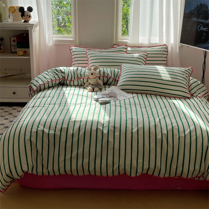 91家纺网 家纺一手货源 找家纺 857家居 2024新款贝壳边四件套 条纹-玫瑰绿