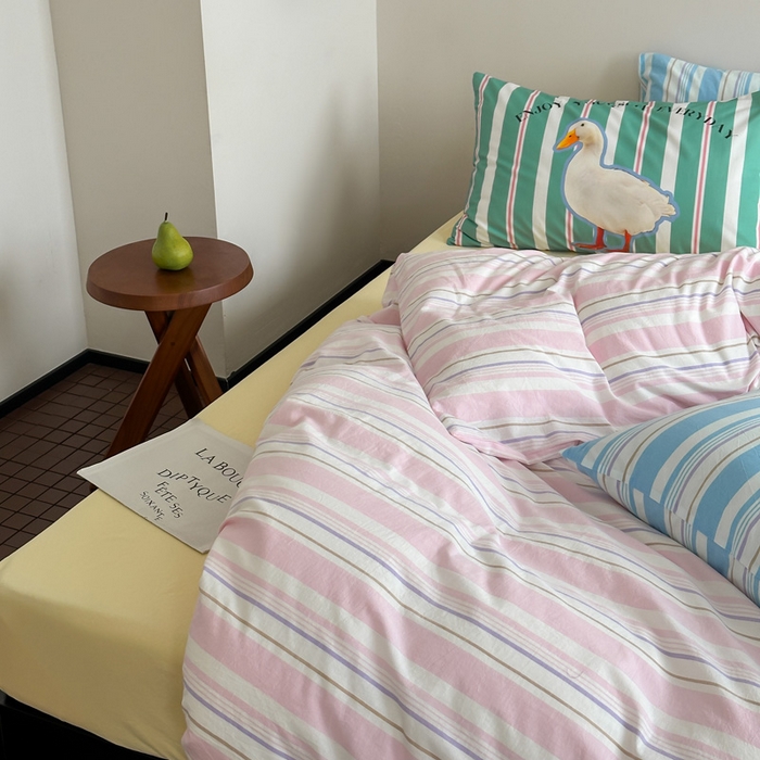 91家纺网 家纺一手货源 找家纺 （总）艾沁 2024新款多巴胺条纹全棉色织水洗棉四件套