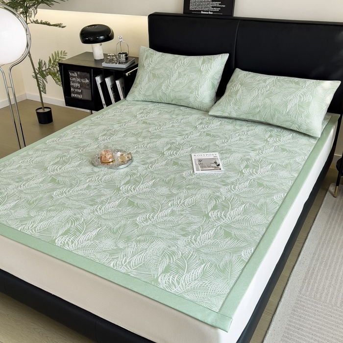 91家纺网 家纺一手货源 找家纺 慕尚家纺 2025新款1200D提花凉感席 提花席 羽毛纷飞绿