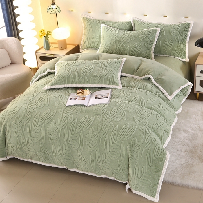 91家纺网 家纺一手货源 找家纺 芸锦豪2024新款花团雕花兔毛绒兔兔绒四件套 绿色