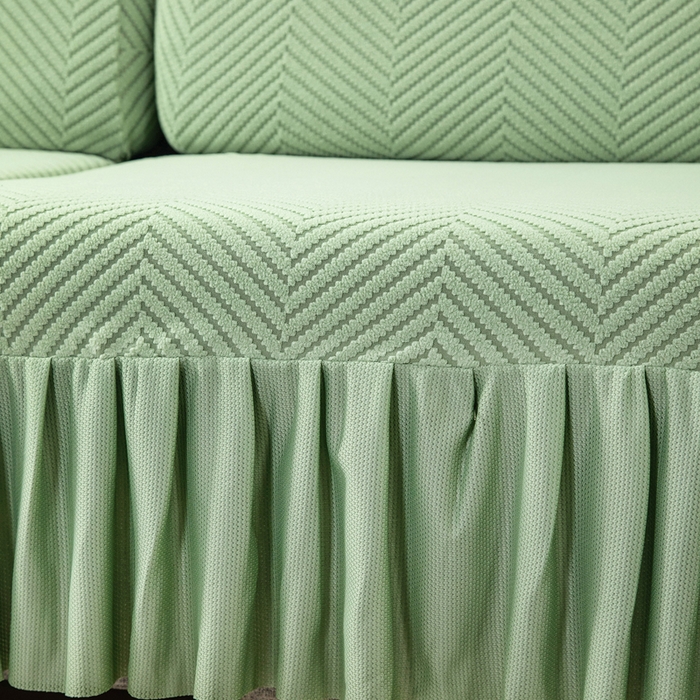 91家纺网 家纺一手货源 找家纺 千彤 2024新款裙边款弹力沙发套罩拉花绒人字纹系列沙发笠 浅绿